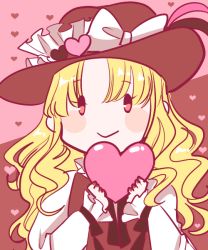 Rule 34 | 1girl, blonde hair, blush, bow, brown headwear, brown vest, closed mouth, commentary request, frilled hat, frills, hat, hat bow, hat feather, hat ornament, heart, heart hat ornament, holding, holding heart, jacket girl (dipp), long hair, long sleeves, owannu, red eyes, shirt, smile, touhou, upper body, vest, wavy hair, white shirt, | |