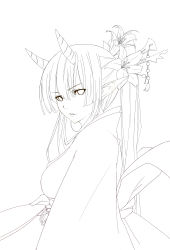 Rule 34 | 1girl, absurdres, breasts, flower, hair flower, hair ornament, highres, horns, kagerou (shadowmage), lineart, long hair, monochrome, original, pointy ears, solo