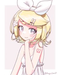Rule 34 | 1girl, aegissanp, artist name, blonde hair, blue eyes, blush stickers, bow, dress, flipped hair, flower, frilled dress, frills, hair bow, hair flower, hair ornament, hairclip, hand on own cheek, hand on own face, hand up, head rest, highres, kagamine rin, looking away, parted bangs, short hair, sleeveless, sleeveless dress, smile, solo, vocaloid