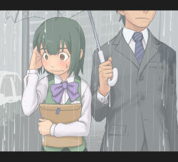 Rule 34 | 00s, 1boy, 1girl, bow, ebinera, embarrassed, face, formal, green hair, head out of frame, holding, holding umbrella, idolmaster, idolmaster (classic), letterboxed, mole, mole under mouth, neck ribbon, otonashi kotori, producer (idolmaster), producer (idolmaster anime), rain, ribbon, suit, sweat, umbrella, wet