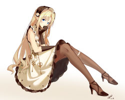 Rule 34 | 1girl, absurdres, artist name, azur lane, black footwear, black gloves, black pantyhose, blonde hair, blue eyes, closed mouth, dress, elbow gloves, from side, full body, gloves, high heels, highres, long hair, looking at viewer, official alternate costume, pantyhose, ping zhong yu, sitting, smile, solo, vanguard (azur lane), vanguard (half-hearted masquerade) (azur lane), white background, yellow dress