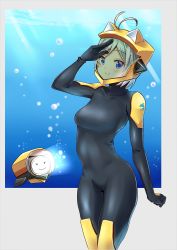 Rule 34 | .live, 1girl, abzu, air bubble, antenna hair, arm up, black bodysuit, blue eyes, blush, bodysuit, breasts, bubble, closed mouth, commentary request, cosplay, covered collarbone, diver (abzu), diver (abzu) (cosplay), diving suit, groin, hair ornament, hairclip, helm, helmet, highres, looking at viewer, medium breasts, okiru, salute, silver hair, dennou shoujo siro, smile, solo, standing, virtual youtuber, water, wetsuit
