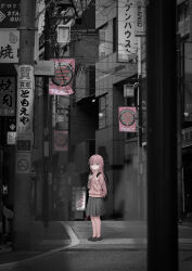 Rule 34 | 1girl, absurdres, awomomiji, black footwear, black skirt, blue eyes, bocchi the rock!, city, gotoh hitori, guitar case, highres, instrument case, jacket, loafers, long hair, looking at viewer, photo background, pink hair, pink jacket, pink track suit, road, road sign, scenery, shoes, sign, skirt, street, track jacket