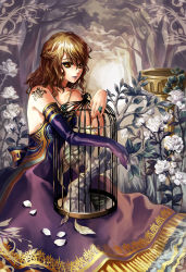 Rule 34 | 1girl, bad id, bad pixiv id, bare shoulders, bird, birdcage, blonde hair, brown eyes, brown hair, cage, dress, elbow gloves, feathers, flower, gloves, highres, jewelry, jeya, necklace, original, petals, ring, rose, rose petals, roseleaf, sitting, solo, tree, white flower, white rose