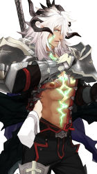 Rule 34 | 1boy, abs, armor, bara, cape, dark-skinned male, dark skin, dragon boy, dragon horns, fate/apocrypha, fate/grand order, fate (series), from side, gauntlets, gloves, green eyes, groping, horns, large pectorals, long hair, looking at viewer, male focus, muscular, nipples, open clothes, open mouth, pants, pectorals, platinum blonde hair, q307011598, scar, siegfried (fate), solo, tight clothes, weapon, white background, white hair