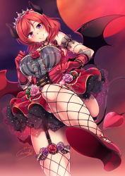 10s 1girl :&gt; bare_shoulders beads blush breasts center_frills closed_mouth demon_girl demon_horns demon_tail demon_wings dress female_focus fishnet_thighhighs fishnets flower frills from_below garter_straps gloves hairband halloween heavy_breathing high_heels horns large_breasts layered_dress lolita_fashion looking_at_viewer love_live! love_live!_school_idol_festival love_live!_school_idol_project nishikino_maki parted_bangs pink_eyes pink_flower pink_rose red_flower red_footwear red_gloves red_hair red_rose rose shoes short_hair signature smile solo tail thighhighs tiara underbust windart wings