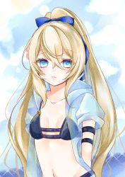 Rule 34 | 1girl, armband, arms behind back, bikini, blonde hair, blue bow, blue eyes, blush, bow, breasts, cloud, collarbone, flower, gradient hair, hair between eyes, hair bow, hair flower, hair ornament, highres, mayu (sh-n-9), multicolored hair, navel, no bra, original, ponytail, see-through, see-through shirt, sky, small breasts, solo, summer, sunlight, swimsuit, water