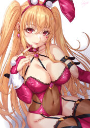 1girl animal_ears blonde_hair blush bodysuit breasts cleavage covered_navel detached_collar elbow_gloves facial_mark fake_animal_ears garter_straps gloves heart heart_facial_mark highleg highleg_leotard highres large_breasts leotard long_hair looking_at_viewer mole mole_on_breast navel original pantyhose playboy_bunny rabbit_ears red_bodysuit red_eyes red_gloves sakiyamama smile solo strapless strapless_leotard twintails wrist_cuffs