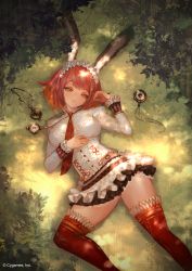 Rule 34 | 1girl, animal ears, breasts, rabbit ears, large breasts, lying, maid headdress, n.a., necktie, on back, red hair, short hair, skirt, stopwatch, thighhighs, watch, zettai ryouiki