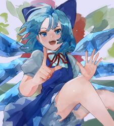 Rule 34 | 1girl, absurdres, aqua hair, bloomers, blue bow, blue dress, blue eyes, bow, cirno, collared shirt, commentary, dress, eneshi, feet out of frame, full body, hair bow, hands up, highres, ice, ice wings, looking at viewer, neck ribbon, open mouth, paint splatter, pinafore dress, pointing, pointing up, puffy short sleeves, puffy sleeves, red ribbon, ribbon, shirt, short dress, short hair, short sleeves, sleeveless, sleeveless dress, teeth, touhou, underwear, white background, white shirt, wings