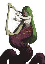 Rule 34 | 1girl, absurdres, breasts, brown scales, closed mouth, completely nude, deent (30390450), green hair, hands up, harp, highres, holding, holding instrument, instrument, lamia, long hair, looking at viewer, medium breasts, monster girl, music, nipples, nude, original, playing instrument, red eyes, scales, simple background, smile, solo, very long hair, white background