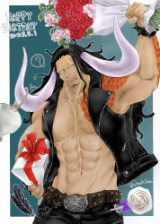 Rule 34 | 1boy, ?, abs, arm tattoo, artist name, belt, belt buckle, biceps, black feathers, black hair, black jacket, black pants, blue background, bouquet, brown belt, buckle, candy, choshika, cowboy shot, dated, denim, facial hair, feathers, flower, food, goatee stubble, groin, happy birthday, highres, holding, holding bouquet, jacket, jeans, jolly roger, jug (bottle), kaidou (one piece), lapels, large horns, large pectorals, leather, leather jacket, lollipop, long hair, male focus, muscular, muscular male, mustache stubble, notched lapels, one piece, open clothes, open jacket, pants, pectorals, pink flower, red flower, red rose, rose, shoulder tattoo, skull, skull and crossbones, sleeveless, sleeveless jacket, solo, spoken question mark, stubble, studded belt, swirl lollipop, tattoo, thick arms, thick lips, unzipped, yellow background