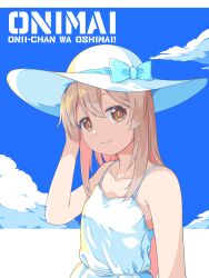 Rule 34 | 1girl, bare arms, bare shoulders, blue bow, bow, brown eyes, cloud, collarbone, colored inner hair, commentary, copyright name, dress, english commentary, genderswap, genderswap (mtf), hand up, hat, hat bow, highres, k-d, light brown hair, long hair, looking at viewer, multicolored hair, onii-chan wa oshimai!, oyama mahiro, pink hair, sleeveless, sleeveless dress, smile, solo, spaghetti strap, sun hat, sundress, two-tone hair, upper body, white dress, white hat