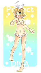 Rule 34 | 1girl, :d, bikini, blonde hair, blue eyes, flat chest, frilled swimsuit, frills, hair ornament, hairclip, headset, kagamine rin, nail polish, open mouth, polka dot, polka dot bikini, polka dot swimsuit, project diva, project diva (series), running, short hair, smile, solo, swimsuit, tamura hiro, vocaloid, yellow nails