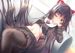 Rule 34 | 1girl, azur lane, blurry, blurry background, blush, bow, breasts, commentary request, couch, hair bow, highres, horns, long hair, navel, ogamaru, one eye closed, oni horns, open mouth, pantyhose, red eyes, sakawa (azur lane), sitting, solo, stomach