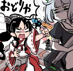 Rule 34 | 2girls, abyssal bamboo princess, black hair, blunt bangs, clenched hands, critical hit, green eyes, headgear, high ponytail, holding, holding torpedo, japanese clothes, kantai collection, long hair, long sleeves, lowres, multi-tied hair, multiple girls, nisshin (kancolle), no mouth, open mouth, punching, ribbon-trimmed sleeves, ribbon trim, sailor collar, short hair, short sleeves, speech bubble, sweat, terrajin, torpedo, translation request, white hair, wide sleeves