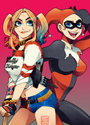 Rule 34 | 1girl, artist name, baseball bat, batman (series), blonde hair, blue eyes, bodysuit, bracelet, breasts, clothes writing, collar, coralus, cowboy shot, dc comics, domino mask, dual persona, english text, fingerless gloves, gloves, gradient background, gun, hand on own hip, handgun, harley quinn, heart, highres, holster, jewelry, large breasts, lips, makeup, mask, midriff, multicolored hair, navel, no legwear, open mouth, parted lips, short shorts, shorts, solo, spiked bracelet, spikes, suicide squad, twintails, weapon