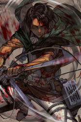 Rule 34 | 1boy, black hair, blood, cape, furrowed brow, grey background, holding, holding sword, holding weapon, hungry clicker, levi (shingeki no kyojin), long sleeves, looking at viewer, male focus, motion blur, sanpaku, serious, shingeki no kyojin, short hair, simple background, solo, sword, three-dimensional maneuver gear, weapon