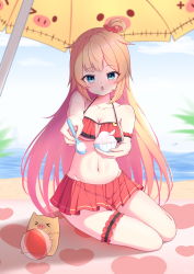 Rule 34 | 1girl, absurdres, akai haato, akai haato (hololive summer 2019), anhun, ball, bare shoulders, beach, beach umbrella, beachball, bikini, bikini skirt, bikini top only, blonde hair, blue eyes, blue sky, breasts, bridal garter, cleavage, collarbone, commentary, day, food, frilled bikini, frills, haaton (akai haato), hair ornament, hair scrunchie, highres, hololive, ice cream, large breasts, long hair, looking at viewer, navel, ocean, open mouth, outdoors, outstretched arm, red bikini, sand, scrunchie, sidelocks, sitting, sky, solo, spoon, stomach, stuffed animal, stuffed toy, swimsuit, symbol-only commentary, umbrella, very long hair, virtual youtuber, yokozuwari