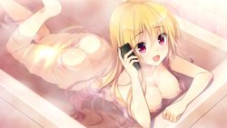 Rule 34 | 1girl, :d, ass, bathing, bathroom, bathtub, blonde hair, breasts, collarbone, completely nude, female focus, fuyuichi monme, game cg, highres, holding, holding phone, leg up, long hair, lying, nude, official art, on stomach, open mouth, partially submerged, phone, red eyes, ren&#039;ai karichaimashita, segawa emi, smile, solo, water