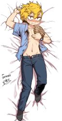 Rule 34 | 1boy, absurdres, bed sheet, blonde hair, closed mouth, collarbone, covering privates, covering chest, dakimakura (medium), denim, embarrassed, fang, full body, groin, highres, jeans, jeong surim, looking at viewer, male focus, mole, mole under eye, navel, open clothes, open fly, open shirt, pants, parkgee, pectorals, shirt, socks, solo, suicide boy, tattoo