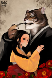 Rule 34 | 1boy, 1girl, animal ears, black eyes, black hair, camellia, flower, furry, furry male, holding, holding smoking pipe, korean clothes, original, pipe in mouth, smoking pipe, tiger