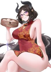 Rule 34 | 1girl, baozi, black bow, black hair, black horns, black tail, bow, breasts, closed mouth, commission, crossed legs, dragon girl, dragon tail, dress, earrings, floral print, food, glasses, gold trim, highres, horns, indie virtual youtuber, jewelry, large breasts, loyally bear, pointy ears, purple eyes, red dress, short hair, sleeveless, sleeveless dress, solo, tail, virtual youtuber, yoshiii
