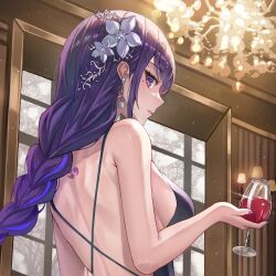 Rule 34 | 1girl, absurdres, alcohol, alternate costume, back, back tattoo, backless outfit, bad id, bad twitter id, bare arms, bare back, bare shoulders, black dress, braid, breasts, chandelier, closed mouth, criss-cross back-straps, cup, dress, drink, drinking glass, earrings, flower, genshin impact, hair flower, hair ornament, hand up, highres, holding, holding drink, indoors, jewelry, large breasts, long hair, looking at viewer, low-braided long hair, low-tied long hair, mole, mole under eye, multicolored hair, nail polish, poise, profile, purple eyes, purple hair, purple nails, raiden shogun, red wine, sideboob, sidelocks, sideways glance, single braid, sleeveless, sleeveless dress, solo, streaked hair, tattoo, upper body, window, wine, wine glass