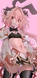 Rule 34 | 1boy, armor, astolfo (fate), astolfo (saber) (fate), bare shoulders, belt, black bow, black bowtie, black ribbon, black skirt, black thighhighs, blush, bow, bowtie, closed mouth, crop top, detached sleeves, double v, fang, fate/grand order, fate (series), faulds, hair between eyes, hair intakes, hair ribbon, highres, long hair, looking at viewer, low twintails, male focus, midriff, multicolored hair, nakasaku-p, navel, panties, pink background, pink hair, purple eyes, ribbon, simple background, skirt, smile, solo, streaked hair, thighhighs, thighs, trap, twintails, underwear, upskirt, v, white hair, white panties, wide sleeves, wing collar