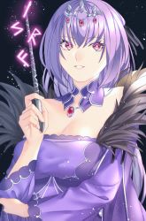 Rule 34 | 1girl, akapug621, bad id, bad pixiv id, breasts, cleavage, commentary request, dress, fate/grand order, fate (series), feather trim, hair between eyes, headpiece, holding, holding wand, large breasts, long hair, looking at viewer, purple dress, purple eyes, purple hair, runes, scathach (fate), scathach skadi (fate), sky, solo, star (sky), starry sky, tiara, wand