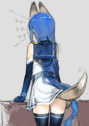 Rule 34 | 10s, 1girl, animal ears, aqua eyes, bare shoulders, blue hair, branch (blackrabbits), dog ears, dog tail, elbow gloves, from behind, gloves, kantai collection, kemonomimi mode, lifted by tail, long hair, samidare (kancolle), sketch, solo, tail, thighhighs, very long hair