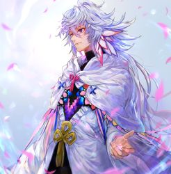 Rule 34 | 1boy, ahoge, bishounen, center frills, expressionless, fate/grand order, fate (series), flower, flower knot, frills, hair between eyes, hair ornament, hood, hood down, hooded robe, long hair, long sleeves, looking to the side, male focus, merlin (fate), multicolored hair, petals, pink ribbon, purple eyes, ribbon, robe, simple background, snnoa ha, solo, tassel, turtleneck, two-tone hair, very long hair, white hair, white robe, wide sleeves
