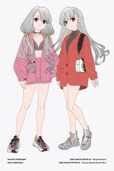 Rule 34 | 2girls, acubi tomaranai, alternate costume, asymmetrical bangs, bag, bare legs, black shirt, blouse, braid, breasts, character name, choker, cleavage, closed mouth, coat, english text, fashion, flat chest, grey background, grey eyes, hand in pocket, handbag, high tops, highres, hisakawa hayate, hisakawa nagi, idolmaster, idolmaster cinderella girls, long hair, long sleeves, looking at viewer, low twintails, multiple girls, nike (company), pink hair, pink shorts, product placement, red coat, see-through, see-through shirt, see-through sleeves, shirt, shoes, shorts, siblings, simple background, sisters, sleeves past wrists, small breasts, smile, sneakers, standing, turtleneck, twins, twintails