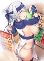 Rule 34 | 1girl, ainu clothes, ass, bag, bandaged hand, bandages, bell pepper, black thighhighs, blue eyes, blue gloves, breasts, cai geng, commentary request, fingerless gloves, folded ponytail, from above, gloves, hair between eyes, hand up, headband, holding, kamoi (kancolle), kantai collection, large breasts, long hair, long sleeves, looking at viewer, open mouth, panties, pepper, potato, profile, shopping, shoulder bag, side-tie panties, sideboob, sidelocks, solo, standing, thick eyebrows, thighhighs, tomato, underwear, white hair