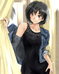 Rule 34 | 1girl, amagami, black dress, black hair, blue jacket, blush, brown eyes, closed mouth, collarbone, curtains, denim, denim jacket, dress, hand on own hip, head tilt, indoors, jacket, jewelry, looking at viewer, mirror, murasaki iro, nanasaki ai, off shoulder, open clothes, open jacket, reflection, ring, short hair, single bare shoulder, sleeves past elbows, smile, solo, unbuttoned, upper body