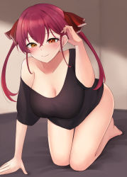 Rule 34 | 1girl, all fours, arm support, aura (aurapls), barefoot, black shirt, bow, breasts, cleavage, closed mouth, hair bow, tucking hair, hand up, heterochromia, highres, hololive, houshou marine, large breasts, looking at viewer, naked shirt, no eyepatch, red bow, red eyes, red hair, shirt, smile, solo, twintails, virtual youtuber, yellow eyes