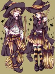 Rule 34 | 1boy, 1girl, aqua eyes, as567, bad id, bad pixiv id, blonde hair, blush, broom, brother and sister, hat, kagamine len, kagamine rin, kneehighs, mojisuke, one eye closed, short hair, siblings, skirt, smile, socks, striped clothes, striped socks, striped thighhighs, thighhighs, twins, vocaloid, wink, witch, witch hat