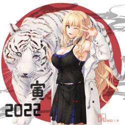Rule 34 | 1girl, 2022, arm up, black shirt, black skirt, blonde hair, blue eyes, breasts, chinese zodiac, cleavage, coat, dated, enchuu kakiemon, feet out of frame, highres, large breasts, long hair, looking at viewer, one eye closed, open clothes, open coat, open mouth, original, scarf, shirt, simple background, skirt, smile, solo, standing, tiger, v, white coat, year of the tiger