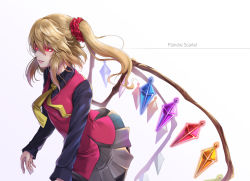 Rule 34 | 1girl, alternate costume, black shirt, blonde hair, breasts, character name, clenched teeth, commentary request, cowboy shot, crystal, flandre scarlet, gradient background, grey background, grey skirt, hair between eyes, hair ornament, hair scrunchie, lipstick, long hair, long sleeves, makeup, miniskirt, necktie, no headwear, one side up, pantyhose, pink lips, pleated skirt, re (re 09), red eyes, red scrunchie, red vest, scrunchie, shirt, sidelocks, skirt, small breasts, solo, teeth, touhou, vest, white background, wings, yellow necktie