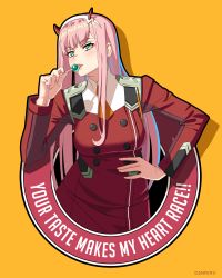 Rule 34 | 1girl, absurdres, candy, commentary, cowboy shot, danfer3, darling in the franxx, english commentary, english text, eyeshadow, food, green eyes, hairband, hand on own hip, highres, horns, lollipop, looking at viewer, makeup, military, military uniform, mixed-language commentary, oni horns, pink hair, red horns, solo, spanish commentary, uniform, white hairband, yellow background, zero two (darling in the franxx)