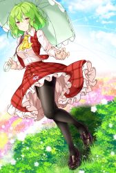 Rule 34 | 1girl, ahoge, aka tawashi, ascot, blush, breasts, buttons, closed mouth, cloud, commentary, commentary request, day, earrings, field, flower, flower field, frilled skirt, frills, full body, grass, green hair, highres, holding, holding umbrella, jewelry, kazami yuuka, large breasts, long sleeves, looking at viewer, mary janes, open clothes, open vest, outdoors, pantyhose, parasol, plaid, plaid skirt, plaid vest, red eyes, red skirt, red vest, shirt, shoes, short hair, skirt, skirt set, sky, smile, solo, standing, standing on one leg, sunflower, sunflower field, touhou, umbrella, vest, walking, wavy hair, white shirt, yellow ascot