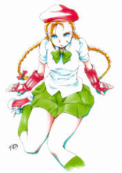 Rule 34 | 1girl, absurdres, alternate costume, antenna hair, beret, blonde hair, blue eyes, bow, braid, breasts, cammy white, fingerless gloves, gachiling, gloves, green skirt, green socks, hat, highres, long hair, painting (medium), scar, school uniform, shoes, simple background, sitting, skirt, small breasts, sneakers, socks, solo, street fighter, traditional media, twin braids, wariza, watercolor (medium)