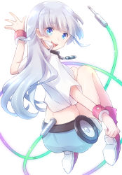 Rule 34 | 1girl, absurdres, audio jack, blue eyes, boots, cable, from behind, glowing, grey hair, highres, listeners, long hair, looking at viewer, looking back, midriff, mu (listeners), nyaa (nnekoron), pink footwear, shirt, shorts, simple background, smile, solo, speaker, very long hair, waving, white background, white shirt, wristband