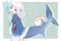 Rule 34 | 1girl, 1other, blue archive, blue eyes, blue hair, blue jacket, fish tail, gawr gura, gawr gura (1st costume), hk nnm, hololive, jacket, looking at another, multicolored hair, polearm, shark girl, shark tail, simple background, tail, trident, twitter, two-tone hair, virtual youtuber, weapon, white hair