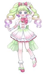 Rule 34 | 1girl, ahoge, arm up, blue eyes, bow, commentary request, dress, frilled dress, frills, full body, gradient hair, green bow, green hair, hair bow, highres, laalulu, long hair, looking at viewer, multicolored hair, open mouth, pink bow, pink footwear, pq (pq owo), pretty series, pripara, puffy short sleeves, puffy sleeves, see-through, see-through sleeves, shoes, short sleeves, smile, socks, solo, standing, standing on one leg, twintails, white background, white socks