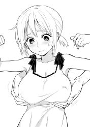 Rule 34 | 1girl, bad id, bad pixiv id, blush, grabbing another&#039;s breast, breasts, dress, covered erect nipples, grabbing, grabbing from behind, greyscale, hige (hige2), highres, large breasts, monochrome, original, short hair, short twintails, solo focus, twintails, upper body