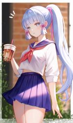 Rule 34 | 1girl, absurdres, alternate costume, ayaka (genshin impact), blue hair, blue sailor collar, blue skirt, blunt bangs, blurry, blurry background, border, bubble tea, cowboy shot, cropped shirt, cup, disposable cup, genshin impact, hair ornament, highres, holding, holding cup, light blue hair, long hair, looking at viewer, midriff peek, mole, mole under eye, nasii, neckerchief, open mouth, outside border, red neckerchief, sailor collar, shirt, skirt, sleeves past elbows, solo, thighs, white border, white shirt