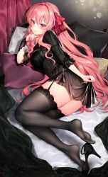Rule 34 | 1girl, absurdres, black bra, black dress, black footwear, black gloves, blush, bra, breasts, bridal gauntlets, commission, curtains, dress, garter belt, garter straps, gloves, hair between eyes, hair ribbon, head on hand, high heels, highres, huge filesize, ia (ias1010), lace, lace-trimmed bra, lace-trimmed legwear, lace-trimmed panties, lace trim, large breasts, light particles, lingerie, long hair, looking at viewer, lying, on bed, on side, original, panties, pillow, pink hair, purple eyes, red ribbon, ribbon, see-through, shoes, unworn shoes, sidelocks, single glove, skindentation, smile, solo, thighhighs, thighs, underwear, very long hair, wavy hair