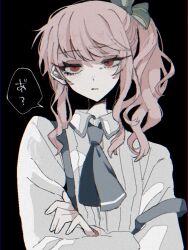 Rule 34 | 1other, akiyama mizuki, androgynous, blue bow, blue necktie, bow, crossed arms, hair bow, long hair, long sleeves, necktie, pink hair, project sekai, red eyes, shirt, side ponytail, speech bubble, suspenders, tabun ningen, translation request, wavy hair, white shirt
