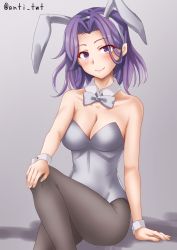 Rule 34 | 1girl, animal ears, anti (untea9), black pantyhose, blush, breasts, cleavage, closed mouth, detached collar, fake animal ears, feet out of frame, gradient background, grey background, highres, kantai collection, leotard, medium breasts, pantyhose, playboy bunny, purple eyes, purple hair, rabbit ears, shadow, short hair, silver leotard, smile, solo, strapless, strapless leotard, tatsuta (kancolle), twitter username, wrist cuffs